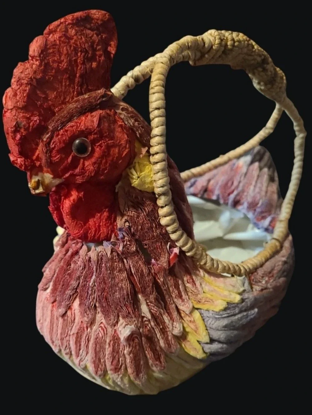 Vintage Folk Art Paper Mache + Wicker Chicken Basket